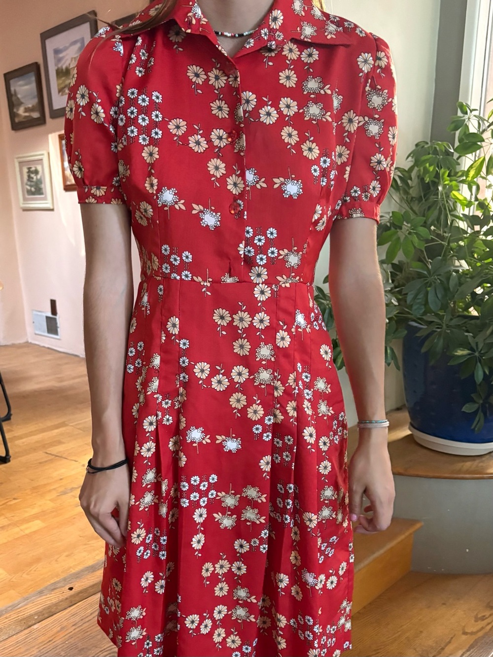 Vintage Red Floral Midi Dress with Collar Day Dress pleated Flare Lightweight